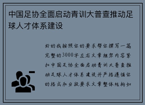 中国足协全面启动青训大普查推动足球人才体系建设 中国足协全面启动青训大普查推动足球人才体系建设
