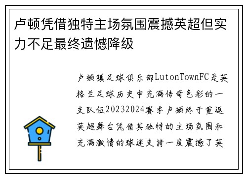 卢顿凭借独特主场氛围震撼英超但实力不足最终遗憾降级 卢顿凭借独特主场氛围震撼英超但实力不足最终遗憾降级