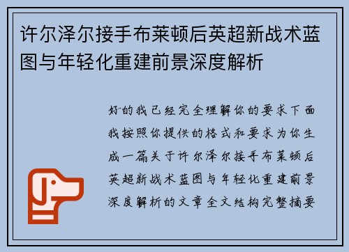 许尔泽尔接手布莱顿后英超新战术蓝图与年轻化重建前景深度解析
